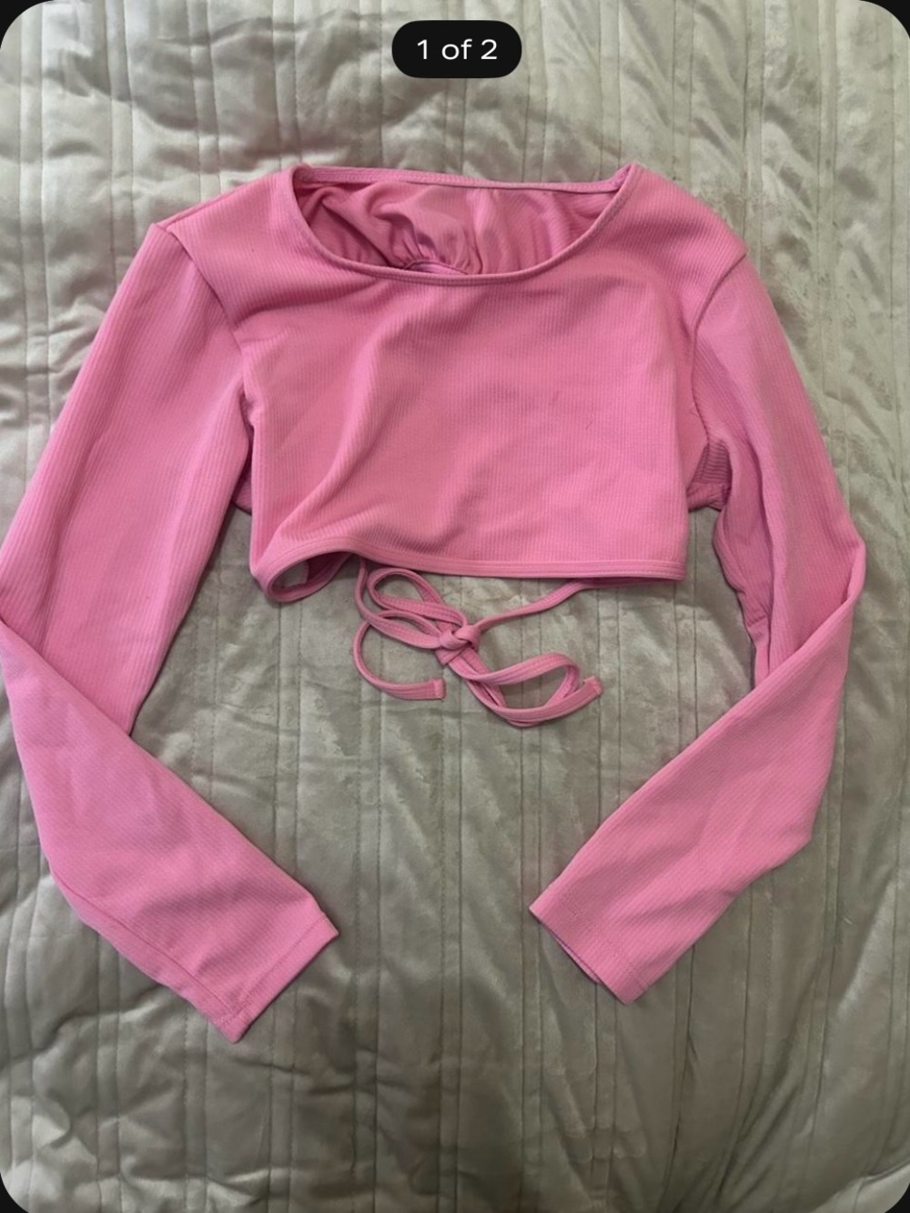 Tie-Front Ribbed Pink Long-Sleeve Crop Top
